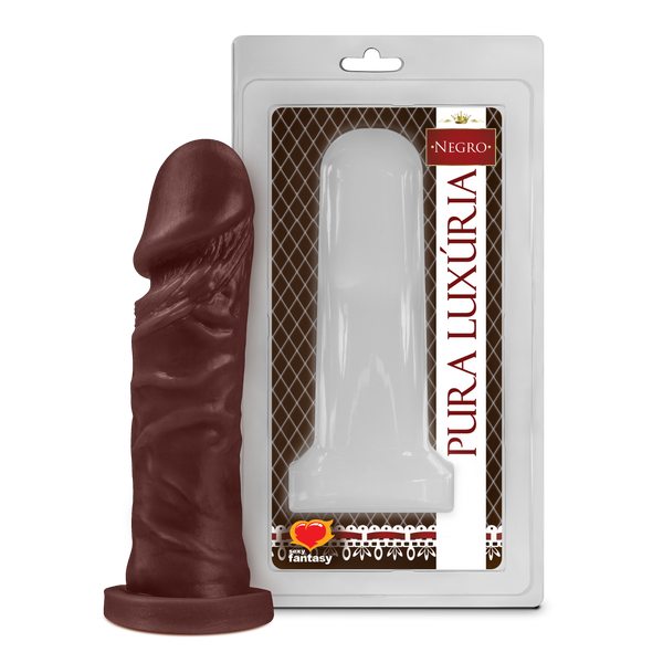 Prótese peniana realística Sexy Fantasy – tamanho 15,3 cm de comprimento por 4 cm de diâmetro, em cor marrom, com escroto anatômico e textura de veias marcadas, feita em material emborrachado