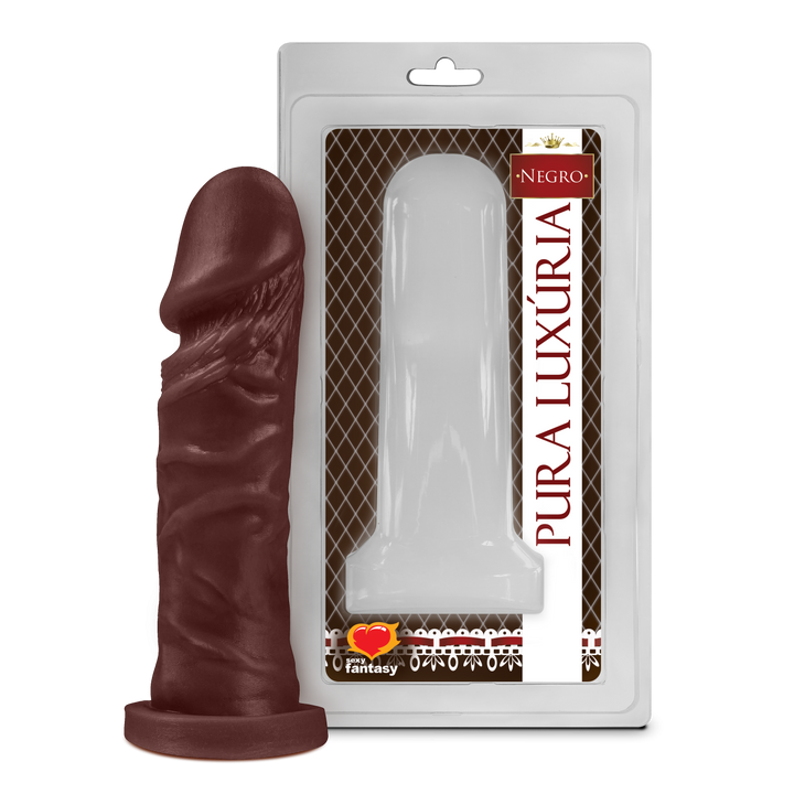 Prótese peniana realística Sexy Fantasy – tamanho 15,3 cm de comprimento por 4 cm de diâmetro, em cor marrom, com escroto anatômico e textura de veias marcadas, feita em material emborrachado