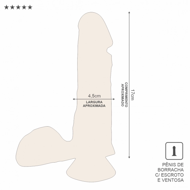 Prótese peniana realística com escroto e ventosa Sexy Fantasy, 17cm de comprimento por 4,5cm de largura, em material macio e com textura que simula veias.

Palavra-chave principal:
Pênis realístico com escroto e ventosa

Palavras-chave relacionadas:
prótese peniana com escroto, consolo com ventosa 17x4,5cm, pênis realístico Sexy Fantasy, brinquedo erótico com escroto, pênis com ventosa para fixação, dildo realístico texturizado, prótese realística com ventosa, pênis 17cm com escroto